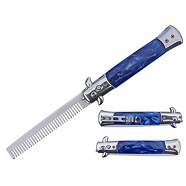 9" Switch Folding Style Polished Stainless Comb with Inlay Handle (Blue Marble Handle)