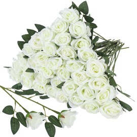 Hoemwarm 36 Pcs Silk White Rose Bouquet Bridal Artificial Flowers,Fake Rose Long Stem Realistic Artificial Flowers Bulk for Wedding Bouquet Ball Arrangement Centerpiece Party Decor