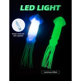 BLUEWING 9in Lighted Glow Squid Lure LED Flashing Squid Jig Saltwater Fishing Lure Soft Squids Baits with 9/0 Stainless Steel Hook and 300LB Mono Line Trolling Deep Drop Light