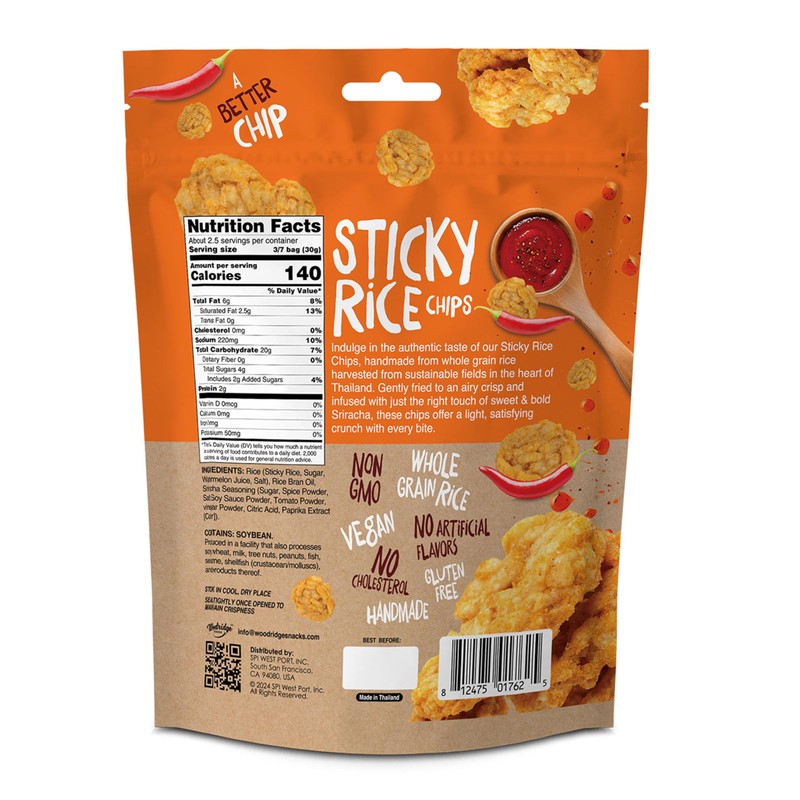Woodridge Snacks | Sticky Rice Chips | Sriracha Flavor |