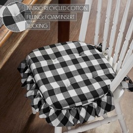 VHC Brands Farmhouse Country Annie Buffalo Check Black Ruffled Chair Pad with Fabric Ties 16.5x18