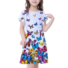 VASCHY Butterfly Girls Dress, Soft Twirly Stretchy Casual Daily Short Sleeve Ruffle Summer Dress for Toddler/Little/Big Kid Girls Clothing Outfit Size 7-8T White