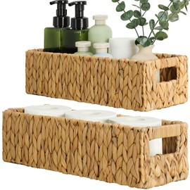 Graciadeco Nesting Small Wicker Basket, Water Hyacinth Toilet Paper Baskets Bathroom Organizer Woven Long Narrow Baskets for Organizing Pantry Bathroom Toilet Tank, 2 Pack