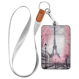 STAYTOP Badge Holder,Romantic Paris Eiffel Tower Oil Painting PU Leather ID Badge Holder Wallet with Clear ID Window & Credit Card Slot and a Detachable Neck Lanyard for Offices, School, Driver Licenc