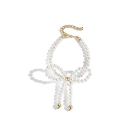 Bow Jewelry Set for Women, White Bow Pearl Gold Bead Rhinestones Earrings Bracelet Necklace Jewelry Set, Simple Bead Bracelet, Pearl Bow Earrings, Pearl Beaded Choker Necklace Wedding Jewelry (Gold Bead Bracelet)