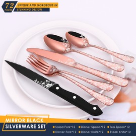 Stapava 72-Piece Copper Silverware Set with Steak Knives for 12, Stainless Steel Rose Gold Cutlery Flatware Set, Mirror Eating Utensils Tableware with Butterfly Flower Laser, Dishwasher Safe