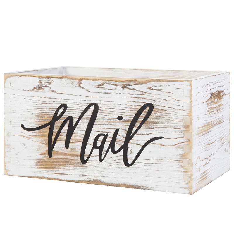 MyGift Mail Holder Storage Organizer Box Whitewashed Wood with MAIL