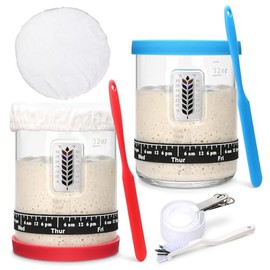2Pack Sourdough Starter Jar - 40oz Large Sourdough Jar with Marked Feeding Band,Temperature Patch,Scraper, Cloth Cover and Silicone Lid&Base,Measuring Spoon Set,Cleaning brush-RED&BLUE