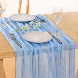 MLMC 8 Pack Baby Blue Table Runner Light Blue Cheesecloth Table Runner 10ft Rustic Gauze Blue Cheese Cloth Baby Shower Decor 35x120 Inches for Gender Reveal Birthday Wedding Party Decor