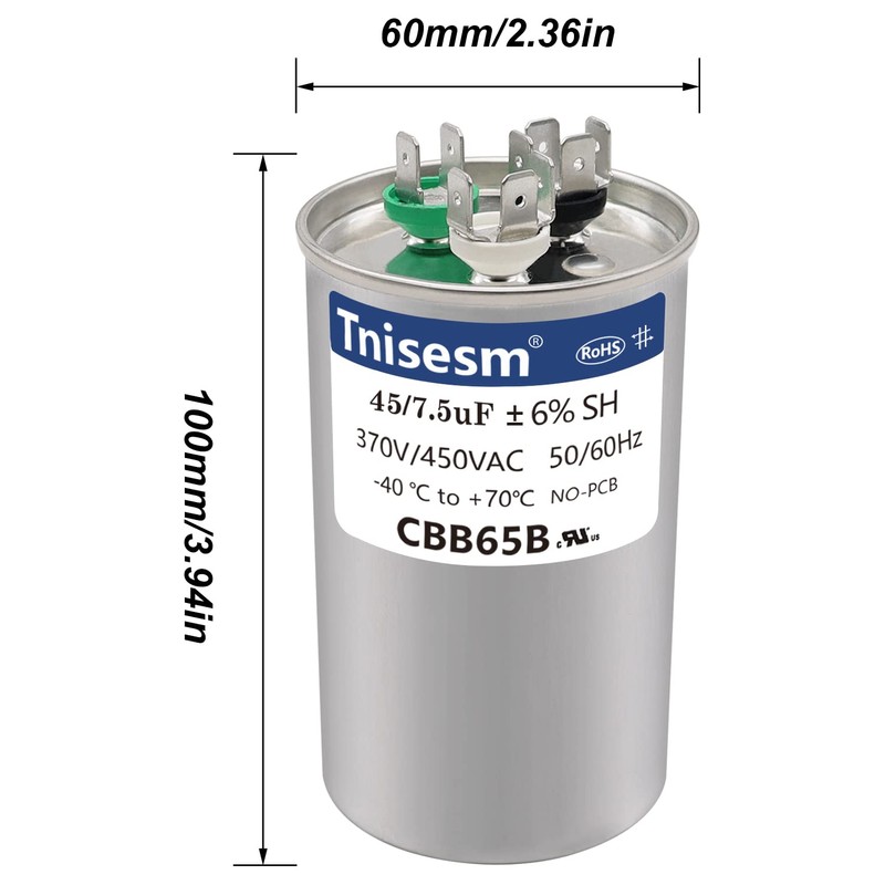 Tnisesm 45+7.5uF 45/7.5 MFD ±6% 370V/440V AC CBB65B Capacitor Dual