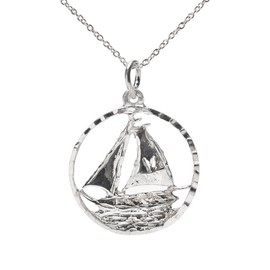 Sterling Silver Nautical Round Sailboat Pendant Necklace, 18"