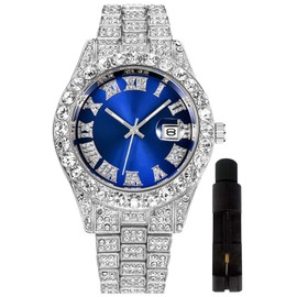 HUNRUY Hip Hop Watches for Men Iced-Out Bling Diamond Luxury Quartz Watches with Date (42mm Silver Blue)