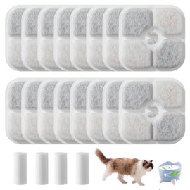 Pack of 16 Cat Fountain Filters with 4 Hoses, with Resin and Activated Carbon, Triple Filter System Replacement Filter, for 2.5 L Drinking Fountain Cat Replacement Filter