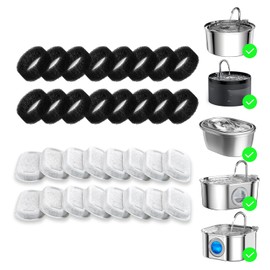 32 Pack Cat Water Fountain Filter Replacement, 4+4/8+8/12+12/16+16 Pack for Stainless Steel Cat Water Fountain 2L/67oz and 3.2L/108oz, 16 Carbon Filters & 16 Pre-Filter Sponges