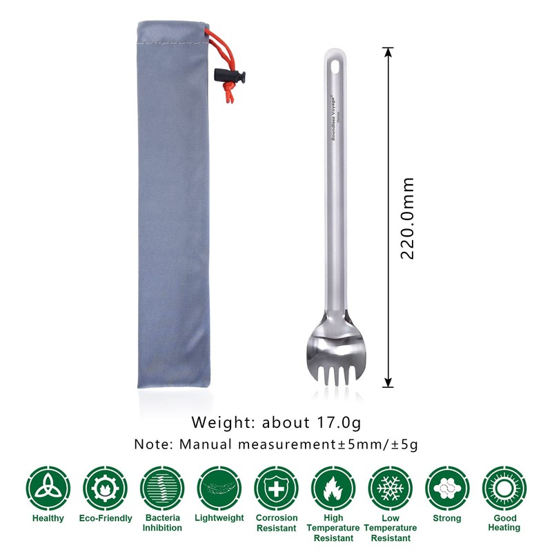 Boundless Voyage Outdoor Titanium Long Handle 220mm Spork Polished Titanium