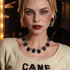 Clearine Victorian Style Statement Necklace Pierced Earrings Jewellery Set for Women Crystal Floral Cameo Inspired Oval Party Prom Jewelry Black Antique-Silver-Tone