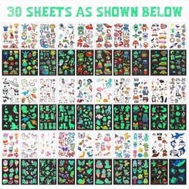 BEETIY 30 Sheets Luminous Tattoo Stickers, Glow Temporary Tattoos for Kids Waterproof Luminous Tattoo Sticker Glow Mixed Assorted