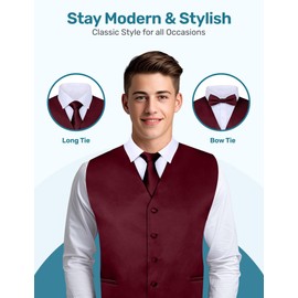 S.H. Churchill & Co. Men's 4 Piece Vest Set, with Bow Tie, Neck Tie & Pocket Hankie - Burgundy, 5XL