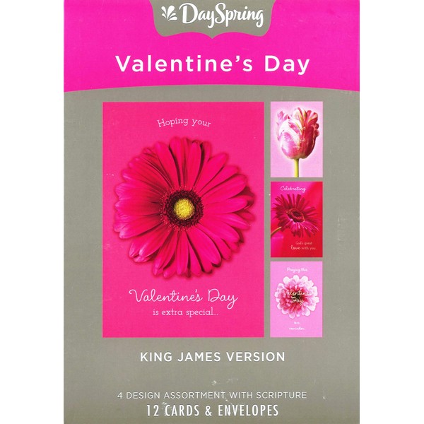 DaySpring - Valentine's Day is Extra Special - King James Version - 4 Pink Floral Designs with Scripture - 12 Boxed Valentine Cards & Envelopes (J1332)