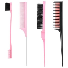 4 Pcs Hair Styling Comb Kit, Teasing Comb Brush Set Includes Fluffy Hair Brush, Double Sided Edge Control Brush, Triple Teasing Comb, Fine Metal Rat Tail Comb for Man Women Professional Barber (Pink)