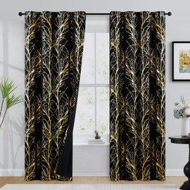 FMFUNCTEX 100% Blackout Curtains for Bedroom, Curtains 96 Inches Long Gold on Black Foil Metallic Branch Pattern Window Panels for Living Room, Modern Thermal Insulated Panels, Grommet Top 2 Panels