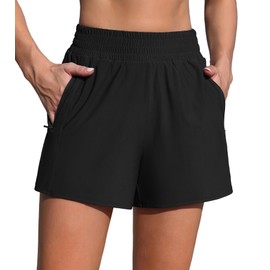 Charmo Swimming Shorts Women's Swimming Shorts High Waist Swimming Trunks Women Summer Bikini Shorts Short Board Shorts with Inner Slip Pockets, black, L