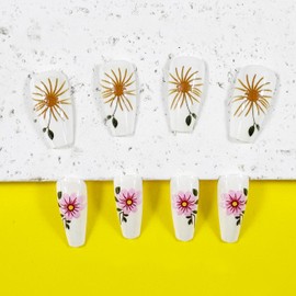 24PCS Spring Nails Coffin Press on Nails Long Fake Nails Pink Flower Daisy Designs Acrylic Nails Nude White False Nails Glossy Full Cover Stick on Nails for Women Floral Nails