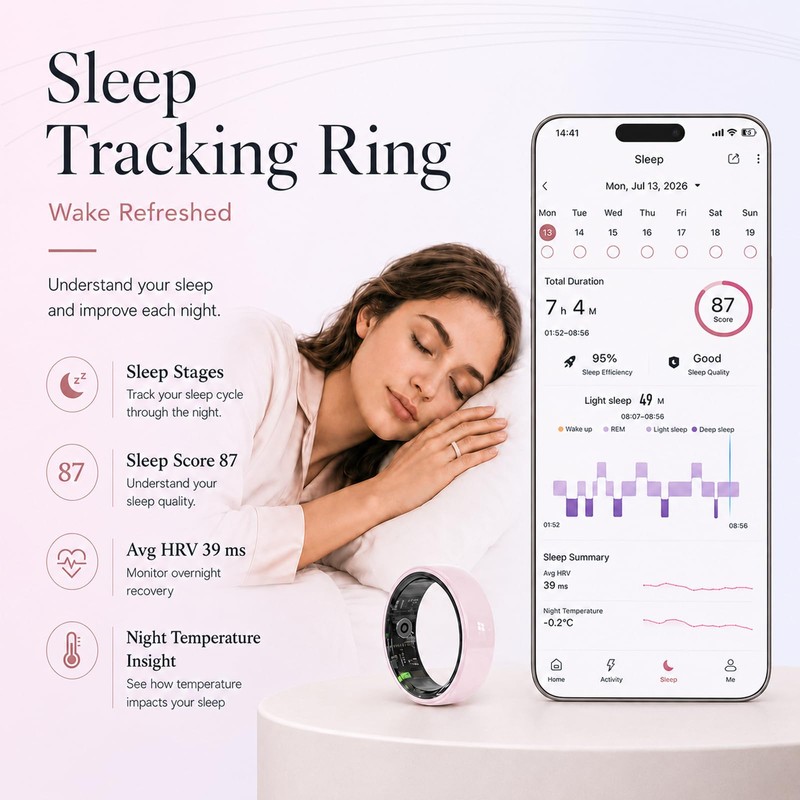 Sqrutri Pink Ceramic Smart Ring for Women, Health & Sleep