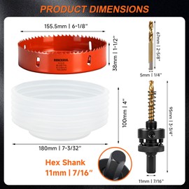 REKCKRUL (155.5mm | 6-1/8 Inch) HSS M42 with 8% Cobalt Bi-Metal Hole Saw – for Wood, Metal, Plastic, Drywall, PVC, Gypsum Board, Rubber, Includes Dust Bowl Catcher, Arbor, 2 Pilot Drill Bits & Hex Key