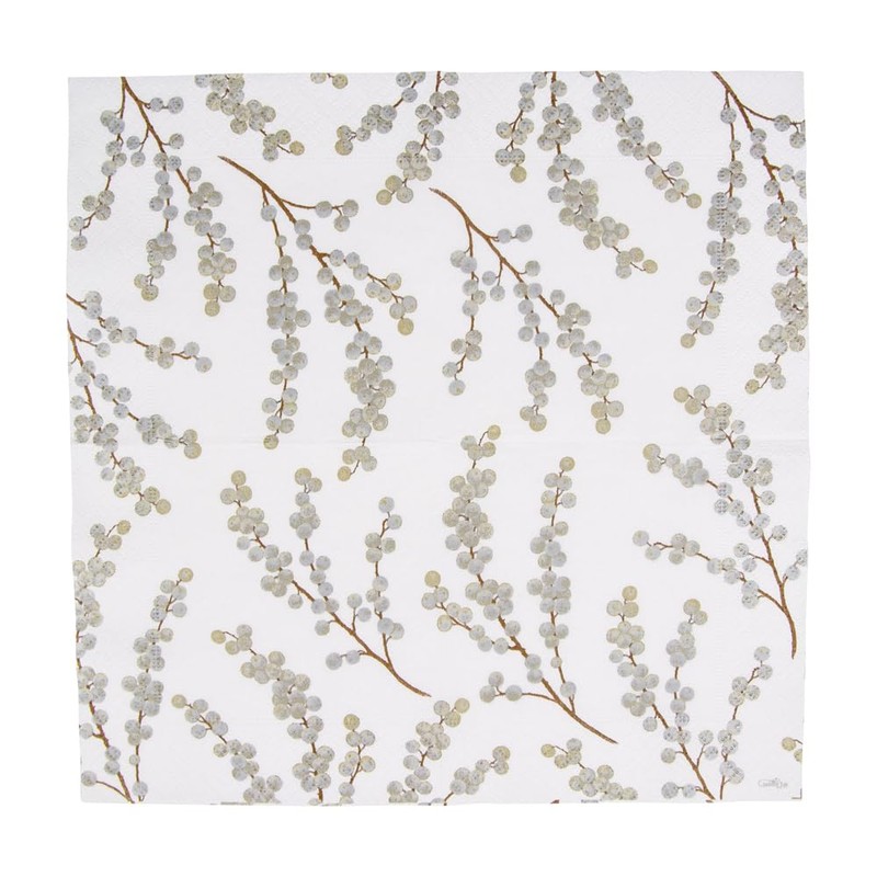Caspari Berry Branches Paper Cocktail Napkins in White & Silver