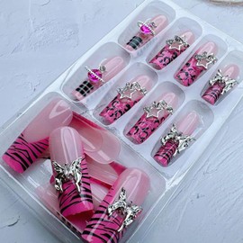 24PCS 3D Handmade Press On Nails with Charms Long Stiletto Sweet and Cool Fake Nails Star Bow Press ons French Nails Long Square Shape Acrylic Nails Almond False Nail Tips for Spice Girls