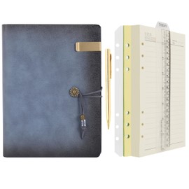 WONDERPOOL Leather Journal Lined Paper Notebook & Pen - Refillable 6 Ring Binder Writing Spiral Diary with Ruled Notepads Vintage Cover for Office Travel Work and Plan Agenda (a-Mist blue, A5)