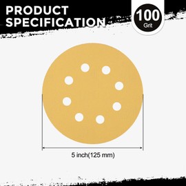 Kozelo 100 Pcs Sanding Disc 5 Inch 100 Grit 8 Hole Hook and Loop Random Orbital Sandpapers Suitable for Drywall Sander Wood Metal Furniture, Yellow