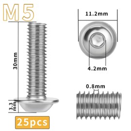 Pack of 25 Rounded Head Screws M5 x 30 Stainless Steel Screws A2 V2A Flat Head Screws ISO 7380 Rounded Head Screws Rustproof Screws Threaded Screws Full Thread with Flange, Hexalobular and Hex Key