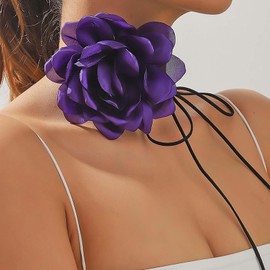 Atentuyi Boho Purple Rose Choker Chain Floral Choker Big Flower Choker Wedding Bridal Bridesmaids Hand Flower Long Wrap Black Velvet Necklace Bow Choker Jewelry for Women Teen Girls