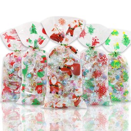 100 Pieces Christmas Cellophane Party Bags, 5 Designs Clear Goody Bags with 100 Twist Ties, Xmas Candy Snack Treat Bags for Holiday Favors Christmas Party Supplies