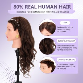 Mannequin Head with 80% Human Hair Cosmetology Practice Doll Head for Braiding Cutting Styling 26-28” Manikin Head with Tools and Tripod Stand (Brown)