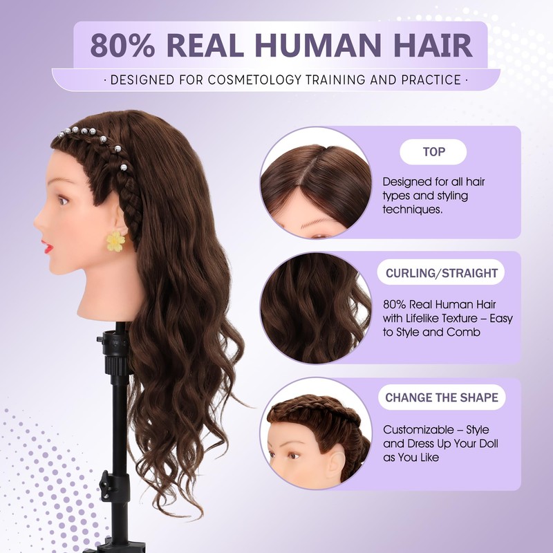 Mannequin Head with 80% Human Hair Cosmetology Practice Doll Head