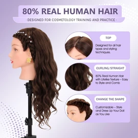 Mannequin Head with 80% Human Hair Cosmetology Practice Doll Head for Braiding Cutting Styling 26-28” Manikin Head with Tools and Tripod Stand (Brown)