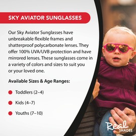 Real Kids Shades Sky Aviator Sunglasses for Toddler, Kid, Youth - 100% UVA UVB Protection, Polycarbonate Mirror Lenses, Unbreakable, Flex Fit, Iconic Style (Toddler 2+, Neon Pink)