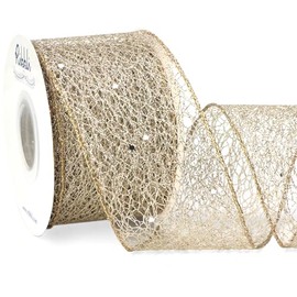 Ribbli Christmas Ribbon Glitter Mesh Wired Ribbon for Christmas Tree Champagne Sparkling Ribbon 2.5 Inch x 10 Yard Christmas Wired Ribbon for Crafts Big Bow Gift Wrapping Wreath
