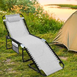 Tangkula Beach Lounge Chair for Outside, Folding Chaise Lounge Outdoor with 4-Position Backrest, Removable Headrest and Side Pocket, Portable Sunbathing Tanning Chair for Patio, Poolside (2, Grey)