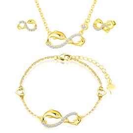 INFINIONLY Jewellery Sets, Women's girl's Necklace Bracelet and Earrings Studs, 925 silver necklace bracelet earrings, Cute dolphin and infinity symbol pendant bracelet earrins, Inlaid zircon, gold