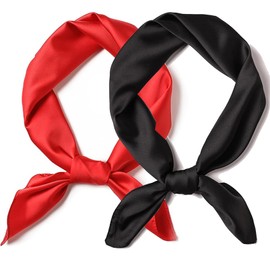 jatimdotin Women's Neckerchief, Pack of 2 Square Satin Neckerchief, 70 cm x 70 cm, Women's Scarf, Silk Gloss Plain Silk Scarf for Neckerchief, Headwear, Wrist (Black and Red)