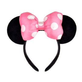A Miaow 3D Black Mouse Velvet Ears Headband MM Polka Dot Satin Bow Hair Clasp Women Adults Costume Supply Holiday Park Headwear (Black and Pink, One Size)