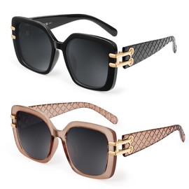 JM 2 Pack Vintage Oversized Square Sunglasses for Women，Retro Luxury Big Large Sun Glasses UV400 (Black&Brown)
