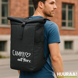 Huuraa Courier Backpack Camper with Heart Gift 30-44 Litres Black Melange Roll-Top Fairtrade Camper Gift Idea