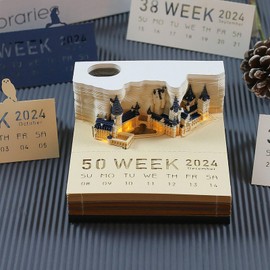Fabater Time Piece Calendar 2024, Desk Calendar with Lights, Castle 3D Notepad, 3D Calendar, 2024 Calendar Notepad Comfort Stickers, 3D Paper Art Calendar