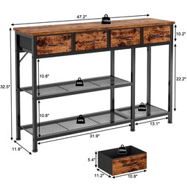 Furnulem Entryway Table 47'' Sofa Console Table with 4 Fabric Drawers, Industrial Entry Way Shoe Rack with Metal Mesh Shelf for Front Door, Foyer Wooden Top, Sturdy Metal Frame, Rustic Brown