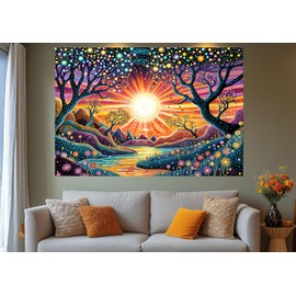 Tree of Life Tapestry Vintage Nature Landscape Sun Forest Boho Flowers Mountain Colorful Wall Art Tapestry Wall Hanging Photograph Backdrop Blanket Curtain Home Bedroom Living Room 60X40 Inch